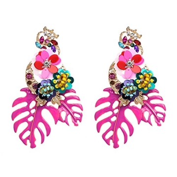 Lureme Gorgeous Colorful Sequin Flower Floral Leaf Stud Earrings - Fushia