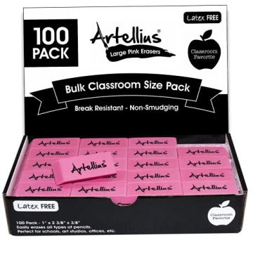 Pink Erasers Pack of 100 - Large Size, Latex & Smudge Free - Bulk School Supplies for Classrooms, Te...
