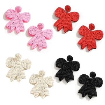 4 Pairs of Beaded Bow Earrings Set for Women, Pink Red Handmade Beaded Valentines Bowknot Earrings f...