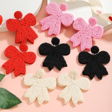 4 Pairs of Beaded Bow Earrings Set for Women, Pink Red Handmade Beaded Valentines Bowknot Earrings for Her Holiday Jewelry Gifts