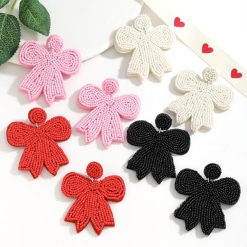 4 Pairs of Beaded Bow Earrings Set for Women, Pink Red Handmade Beaded Valentines Bowknot Earrings for Her Holiday Jewelry Gifts