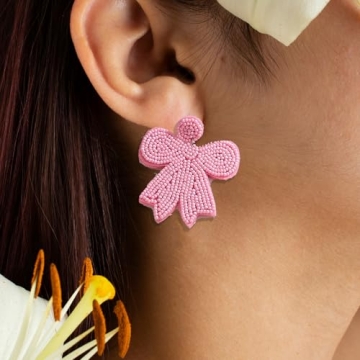 4 Pairs of Beaded Bow Earrings Set for Women, Pink Red Handmade Beaded Valentines Bowknot Earrings for Her Holiday Jewelry Gifts