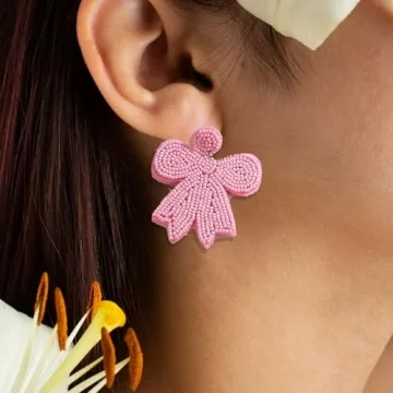 4 Pairs of Beaded Bow Earrings Set for Women, Pink Red Handmade Beaded Valentines Bowknot Earrings for Her Holiday Jewelry Gifts