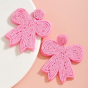 4 Pairs of Beaded Bow Earrings Set for Women, Pink Red Handmade Beaded Valentines Bowknot Earrings for Her Holiday Jewelry Gifts