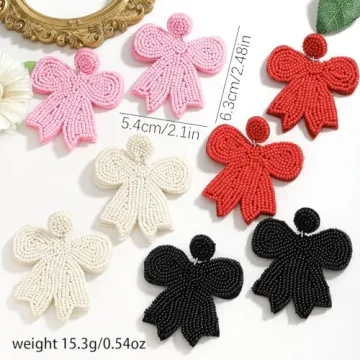 4 Pairs of Beaded Bow Earrings Set for Women, Pink Red Handmade Beaded Valentines Bowknot Earrings for Her Holiday Jewelry Gifts