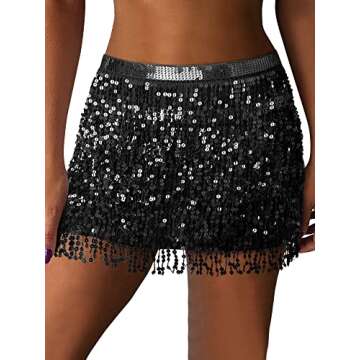 MYMORE Womens Sparkly Sequin Fringe Skirt Black Sparkle Taylor Belly Dance Rave Disco Space Cowgirl ...