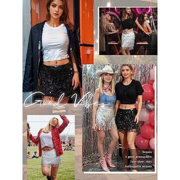 MYMORE Womens Sparkly Sequin Fringe Skirt Black Sparkle Taylor Belly Dance Rave Disco Space Cowgirl Country Concert Outfit Glitter Shorts M