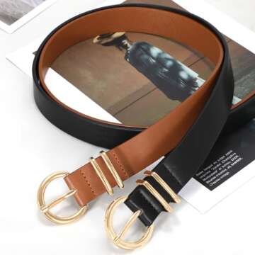 Fashionable Plus Size Women's Leather Belts with Gold Buckle