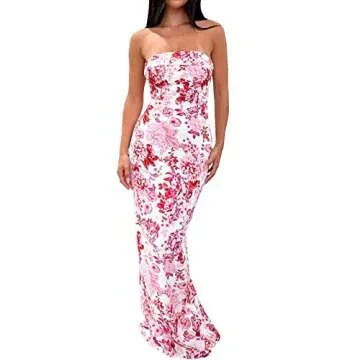Chic Tube Maxi Dress Women Strapless Low Cut Backless Skinny Long Dress Going Out Formal Wedding Guest Dress(Pink Printed Floral,Small)