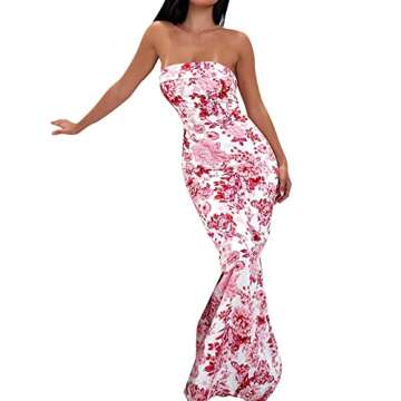 Chic Tube Maxi Dress Women Strapless Low Cut Backless Skinny Long Dress Going Out Formal Wedding Guest Dress(Pink Printed Floral,Small)