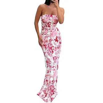 Chic Tube Maxi Dress Women Strapless Low Cut Backless Skinny Long Dress Going Out Formal Wedding Guest Dress(Pink Printed Floral,Small)