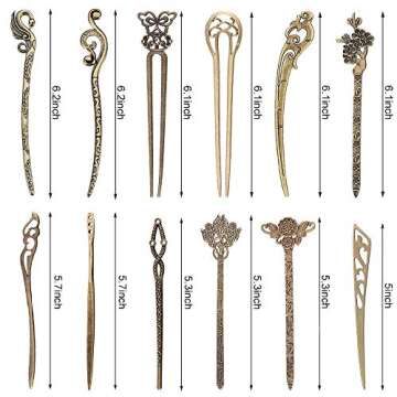 24 Pieces Chinese Women Hair Sticks, AUHOKY 12 Styles Vintage Bronze Decorative Hair Pin Chopsticks, Antique Retro Hair Forks for Hair DIY Accessory