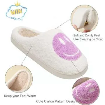 LINWIND Fuzzy Slippers for Women Men, Cute Retro Fluffy Happy Face House Slippers, Plush Memory Foam...