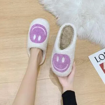 LINWIND Fuzzy Slippers for Women Men, Cute Retro Fluffy Happy Face House Slippers, Plush Memory Foam Slippers for Women Indoor and Outdoor Cozy Trendy Slip-On House Shoes(purple,36/37)