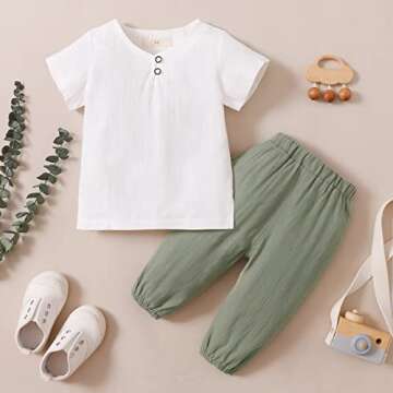 Toddler Kid Baby Boys White Short Sleeve T-Shirt Top Cotton Linen Short Pants 2Pcs Summer Outfit (6-...