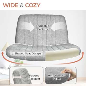 Orange Factory Criss Cross Chair No Wheels Comfy Cross Legged Office Desk Armless Wide Vanity Makeup Chair Adjustable Computer for Home Office Fabric (Grey)