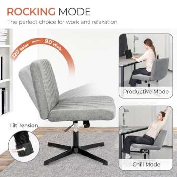 Orange Factory Criss Cross Chair No Wheels Comfy Cross Legged Office Desk Armless Wide Vanity Makeup Chair Adjustable Computer for Home Office Fabric (Grey)