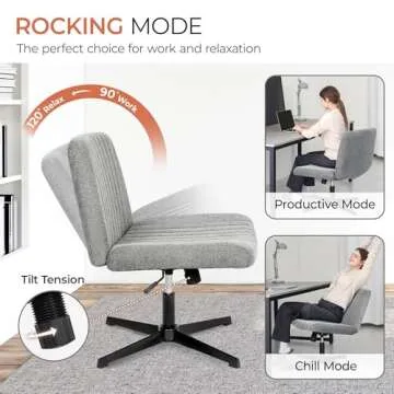 Orange Factory Criss Cross Chair No Wheels Comfy Cross Legged Office Desk Armless Wide Vanity Makeup Chair Adjustable Computer for Home Office Fabric (Grey)