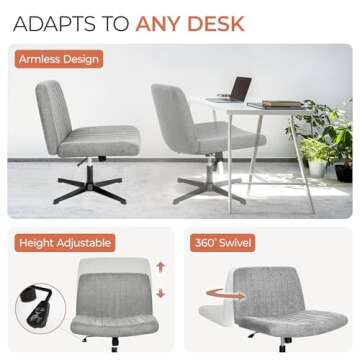Orange Factory Criss Cross Chair No Wheels Comfy Cross Legged Office Desk Armless Wide Vanity Makeup Chair Adjustable Computer for Home Office Fabric (Grey)