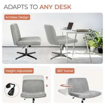 Orange Factory Criss Cross Chair No Wheels Comfy Cross Legged Office Desk Armless Wide Vanity Makeup Chair Adjustable Computer for Home Office Fabric (Grey)