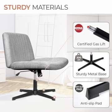 Orange Factory Criss Cross Chair No Wheels Comfy Cross Legged Office Desk Armless Wide Vanity Makeup Chair Adjustable Computer for Home Office Fabric (Grey)