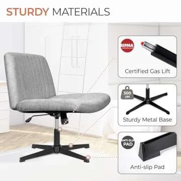 Orange Factory Criss Cross Chair No Wheels Comfy Cross Legged Office Desk Armless Wide Vanity Makeup Chair Adjustable Computer for Home Office Fabric (Grey)
