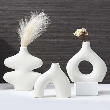 Fixwal Donut Ceramic Vase Set of 3 Modern Vases for Pampas Grass Boho Round Flower Vases for Centerpiece Wedding Dinner Table Office Bedroom Home Decor (White)