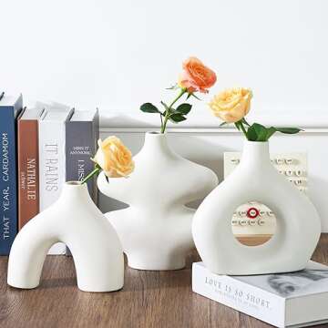 Fixwal Donut Ceramic Vase Set of 3 Modern Vases for Pampas Grass Boho Round Flower Vases for Centerpiece Wedding Dinner Table Office Bedroom Home Decor (White)