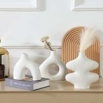 Fixwal Donut Ceramic Vase Set of 3 Modern Vases for Pampas Grass Boho Round Flower Vases for Centerpiece Wedding Dinner Table Office Bedroom Home Decor (White)