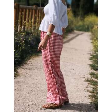 Sunloudy Women Y2K Wide Leg Gingham Pants Elastic High Waist Side Tie Loose Fit Plaid Trouser Lounge...