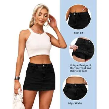 BISUAL Denim Skort for Women High Waist Mini Denim Skirt Casual Stretch Women Jean Skirt with Pockets, Small, Black