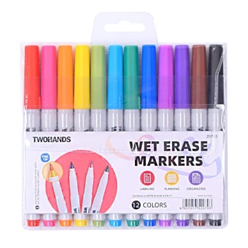 TWOHANDS Wet Erase Markers Fine Tip 12 Colors for Planning