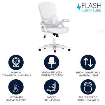 Flash Furniture Porter High-Back Swivel Office Chair with Adjustable Lumbar Support and Height, Ergonomic Mesh Desk Chair with Flip-Up Armrests, White