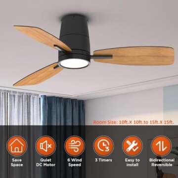 TALOYA Ceiling Fan with Lights and Remote Control 42 inch Multifunctional Quiet Fan with Three Color Temperature and High Brightness Light and Reversible Blades