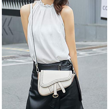 Women's Vintage Stitching Mini Saddle Bag Crossbody Shoulder Strap Small Purse (White)