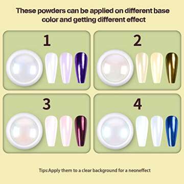 Artdone 4 Jars Chrome Nail Powder Metallic Mirror Effect Pigment Chrome Iridescent Aurora Nail Glitter Mermaid White Pearl Glitter Dust Kit for Gel Polish Nail Art Decoration, Resin Craft