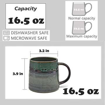 wewlink Large Ceramic Coffee Mug - Unique Kiln Altered Glaze (Dark Green) 16.5 Oz, Dishwasher and Mi...