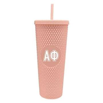 Sorority Shop Alpha Phi Studded Tumbler with Straw - 24 Oz Tumbler with Lid and Straw, Matte Coral, ...