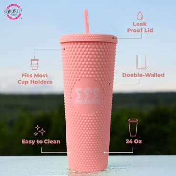Sorority Shop Alpha Phi Studded Tumbler with Straw - 24 Oz Tumbler with Lid and Straw, Matte Coral, Reusable Plastic Cup with Screen Printed Greek Letters for Water, Ice Coffee or Any Drink