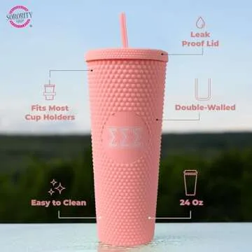 Sorority Shop Alpha Phi Studded Tumbler with Straw - 24 Oz Tumbler with Lid and Straw, Matte Coral, Reusable Plastic Cup with Screen Printed Greek Letters for Water, Ice Coffee or Any Drink