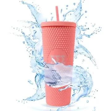 Sorority Shop Alpha Phi Studded Tumbler with Straw - 24 Oz Tumbler with Lid and Straw, Matte Coral, Reusable Plastic Cup with Screen Printed Greek Letters for Water, Ice Coffee or Any Drink