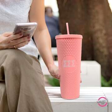 Sorority Shop Alpha Phi Studded Tumbler with Straw - 24 Oz Tumbler with Lid and Straw, Matte Coral, Reusable Plastic Cup with Screen Printed Greek Letters for Water, Ice Coffee or Any Drink