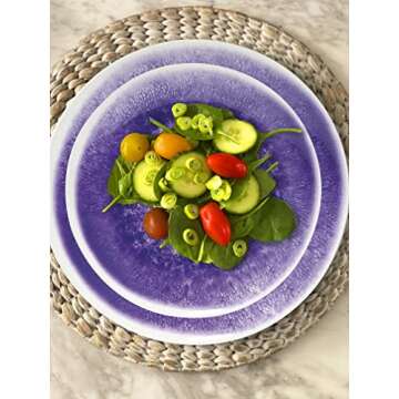 Bzyoo 12 Piece Melamine Dinnerware Set - Durable, Dishwasher Safe Plates and Bowls - Casual Dining, Parties, Purple Dish Set Reactive Purple Collection