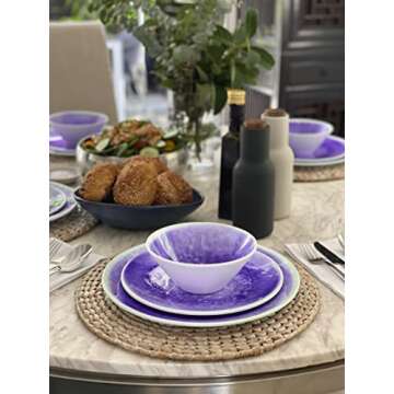 Bzyoo 12 Piece Melamine Dinnerware Set - Durable, Dishwasher Safe Plates and Bowls - Casual Dining, Parties, Purple Dish Set Reactive Purple Collection