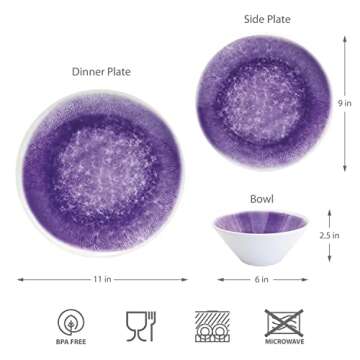 Bzyoo 12 Piece Melamine Dinnerware Set - Durable, Dishwasher Safe Plates and Bowls - Casual Dining, Parties, Purple Dish Set Reactive Purple Collection