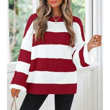 ZESICA Women's Cozy Striped Color Block Oversized Sweater, Red