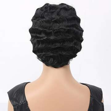 Sheila Beauty Short Wigs for Black Women Finger Wave Wig Pixie Cut Curly Wig for Women Natural Looking Black Short Hair Wig Wavy Synthetic Hair Replacement Wigs Cosplay (1B)