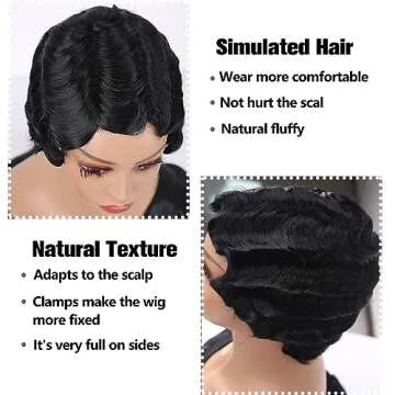 Sheila Beauty Short Wigs for Black Women Finger Wave Wig Pixie Cut Curly Wig for Women Natural Looking Black Short Hair Wig Wavy Synthetic Hair Replacement Wigs Cosplay (1B)