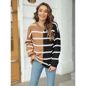 Fisoew Womens Striped Pullover Sweater Crew Neck Long Sleeve Knitted Color Block Casual Loose Lightw...