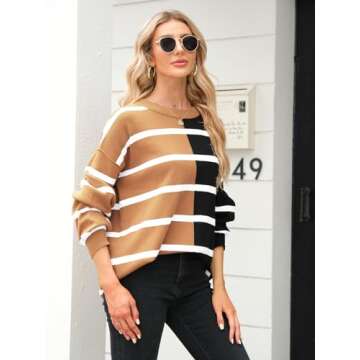 Fisoew Womens Striped Pullover Sweater Crew Neck Long Sleeve Knitted Color Block Casual Loose Lightweight Sweaters for Women